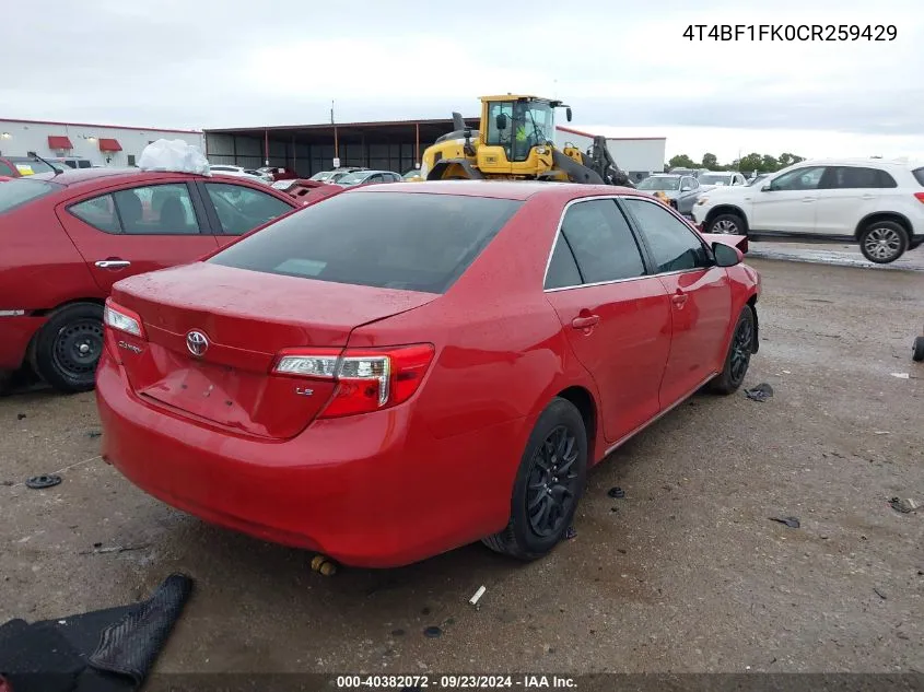 2012 Toyota Camry Se/Le/Xle VIN: 4T4BF1FK0CR259429 Lot: 40382072