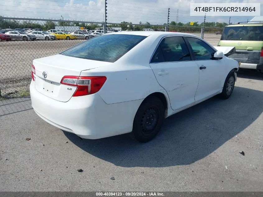 2012 Toyota Camry Le VIN: 4T4BF1FK6CR214964 Lot: 40394123