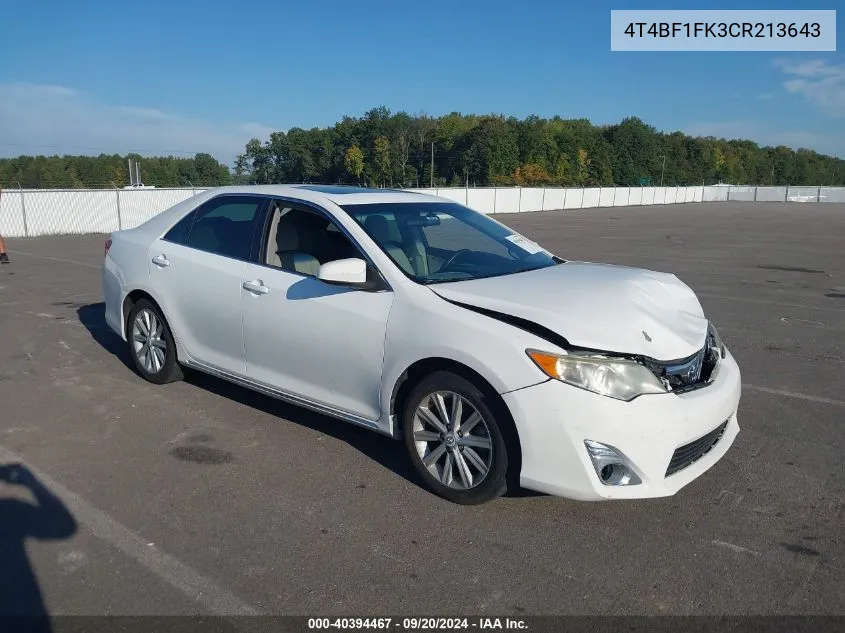 2012 Toyota Camry Xle VIN: 4T4BF1FK3CR213643 Lot: 40394467