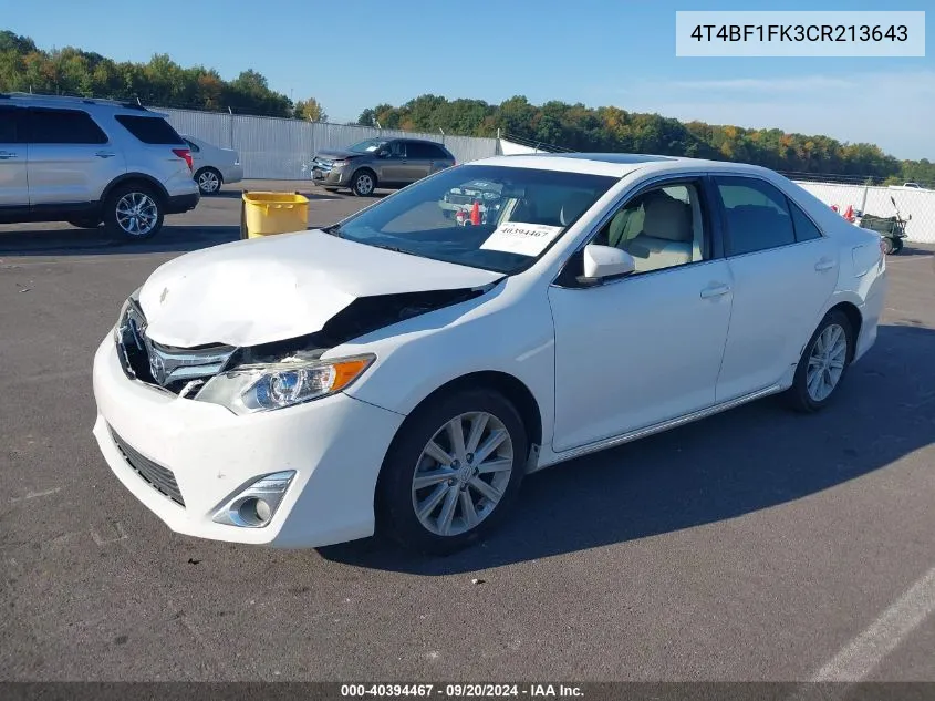 2012 Toyota Camry Xle VIN: 4T4BF1FK3CR213643 Lot: 40394467