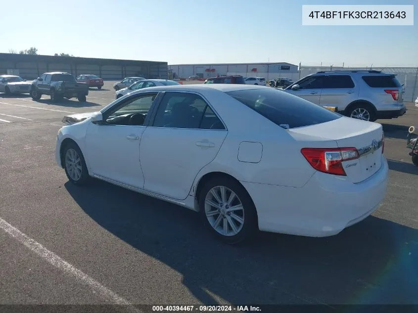 2012 Toyota Camry Xle VIN: 4T4BF1FK3CR213643 Lot: 40394467