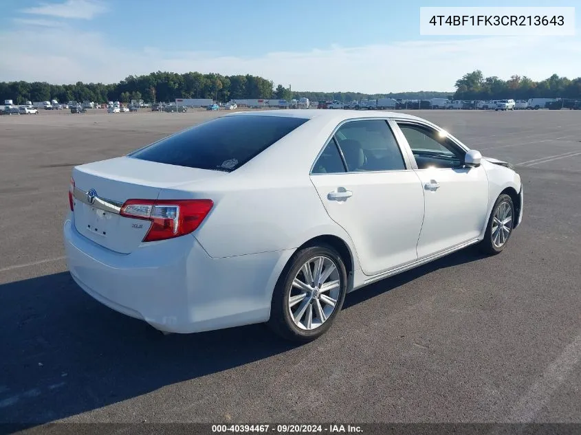 2012 Toyota Camry Xle VIN: 4T4BF1FK3CR213643 Lot: 40394467