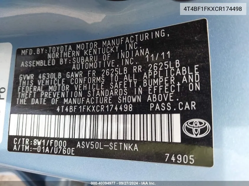 4T4BF1FKXCR174498 2012 Toyota Camry Le