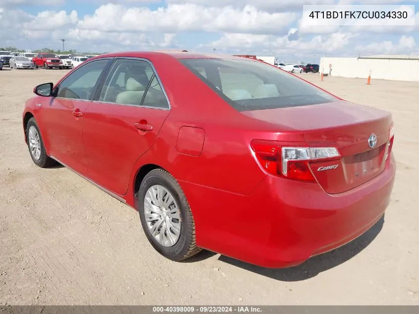 2012 Toyota Camry Hybrid Le VIN: 4T1BD1FK7CU034330 Lot: 40398009