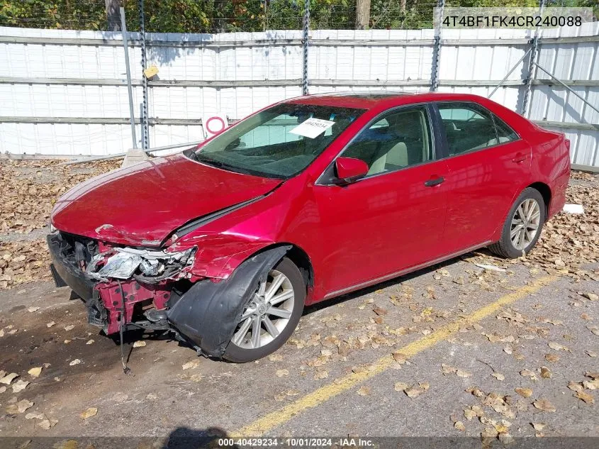 2012 Toyota Camry Xle VIN: 4T4BF1FK4CR240088 Lot: 40429234