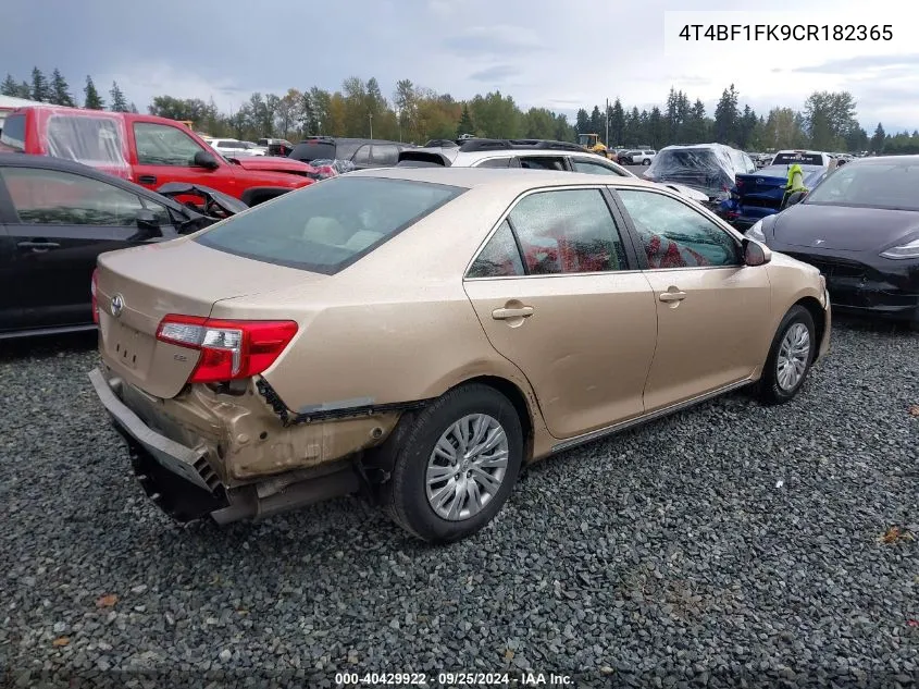 2012 Toyota Camry Le VIN: 4T4BF1FK9CR182365 Lot: 40429922