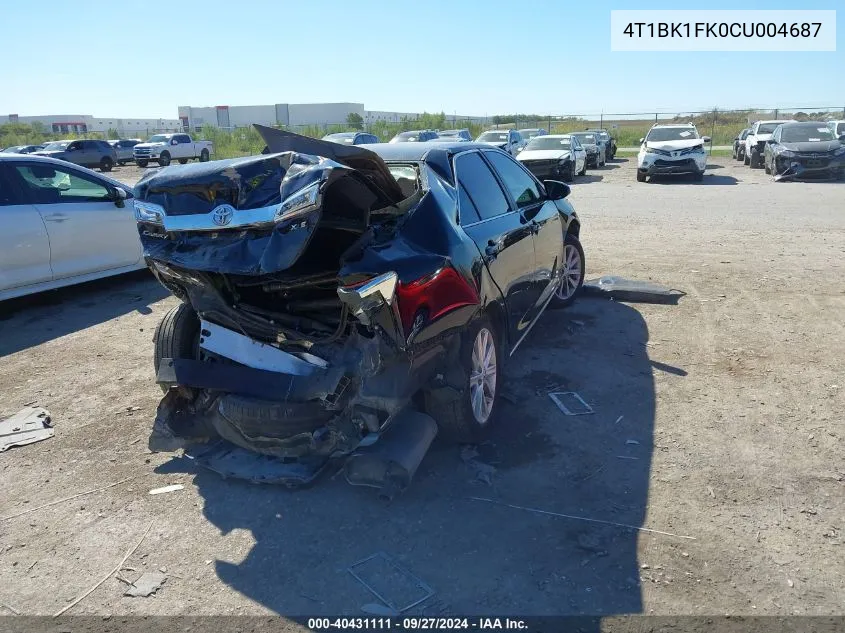 2012 Toyota Camry Xle V6 VIN: 4T1BK1FK0CU004687 Lot: 40431111