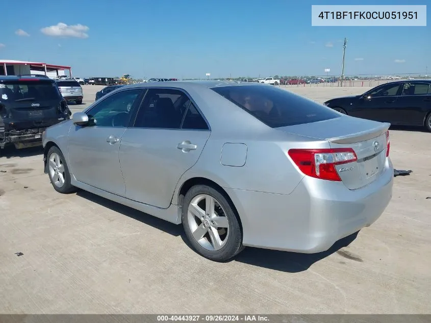 2012 Toyota Camry L/Le/Se/Se Limited Edition/Xle VIN: 4T1BF1FK0CU051951 Lot: 40443927