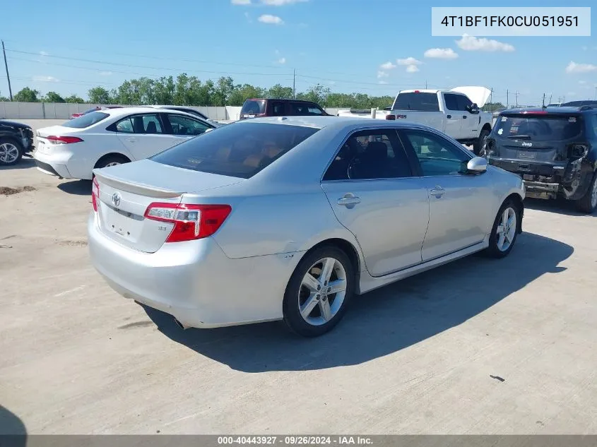 2012 Toyota Camry L/Le/Se/Se Limited Edition/Xle VIN: 4T1BF1FK0CU051951 Lot: 40443927