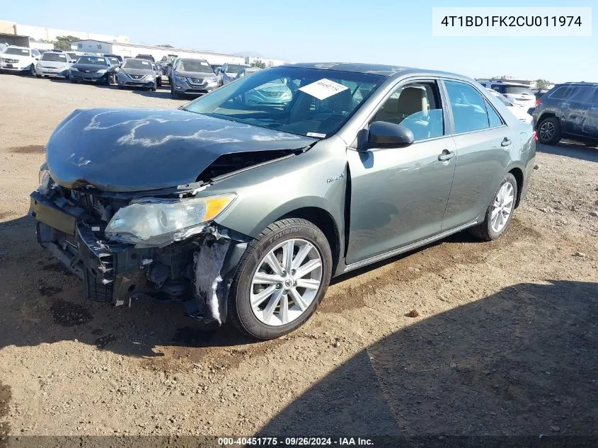 2012 Toyota Camry Hybrid Xle VIN: 4T1BD1FK2CU011974 Lot: 40451775