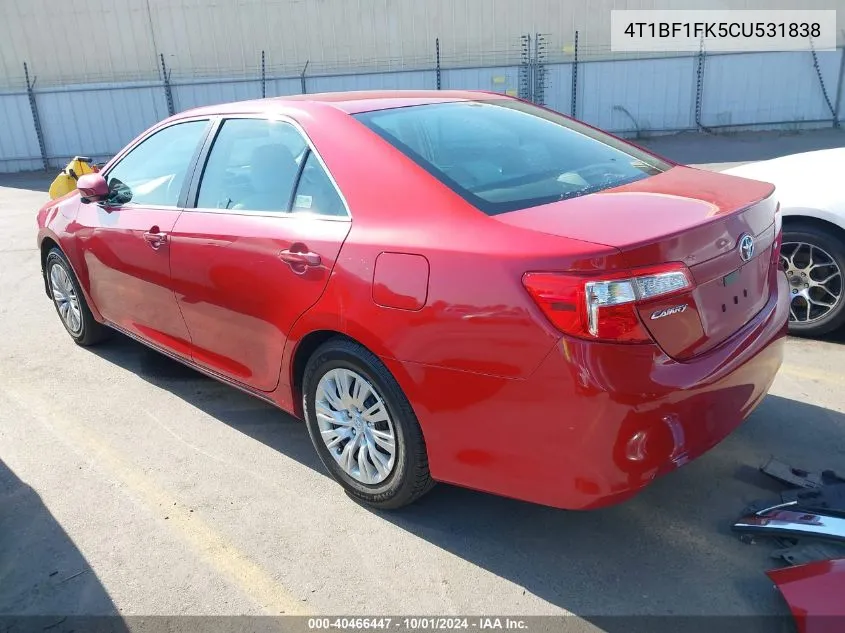 2012 Toyota Camry Se/Le/Xle VIN: 4T1BF1FK5CU531838 Lot: 40466447