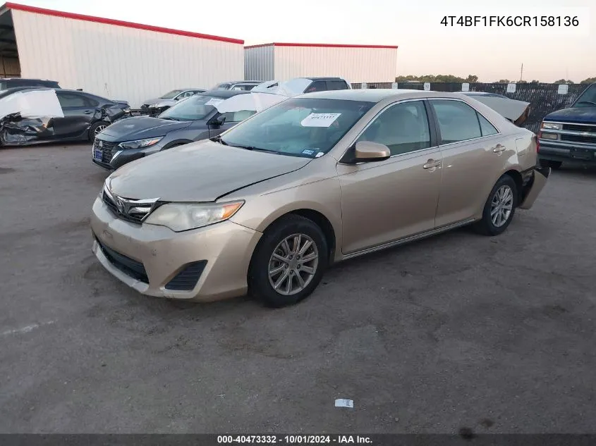 2012 Toyota Camry Se/Le/Xle VIN: 4T4BF1FK6CR158136 Lot: 40473332