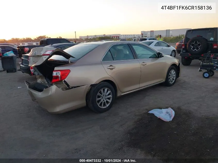 2012 Toyota Camry Se/Le/Xle VIN: 4T4BF1FK6CR158136 Lot: 40473332