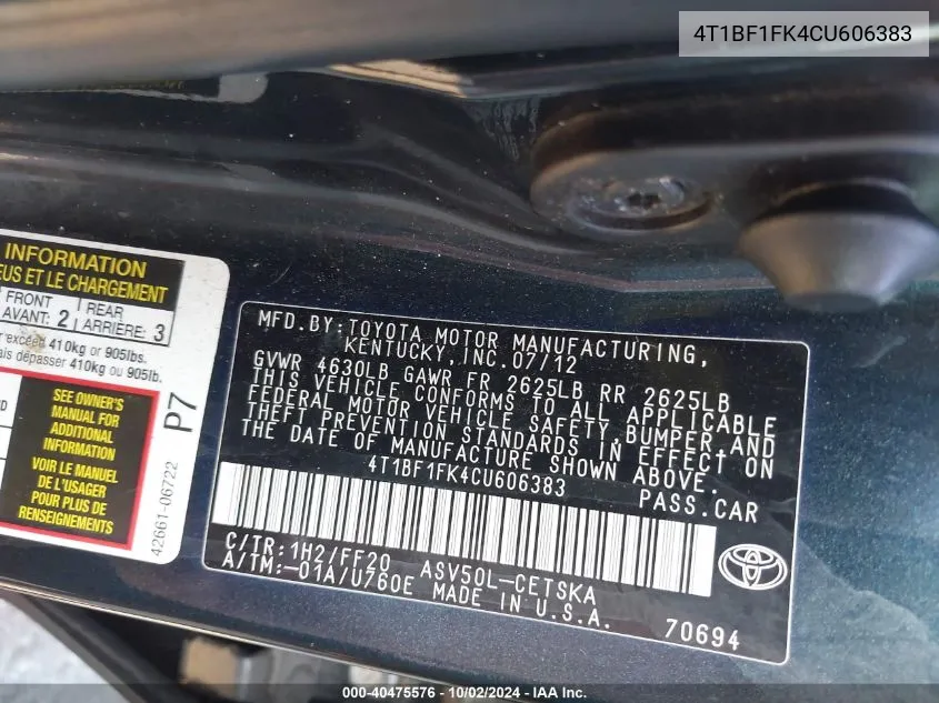 4T1BF1FK4CU606383 2012 Toyota Camry Se