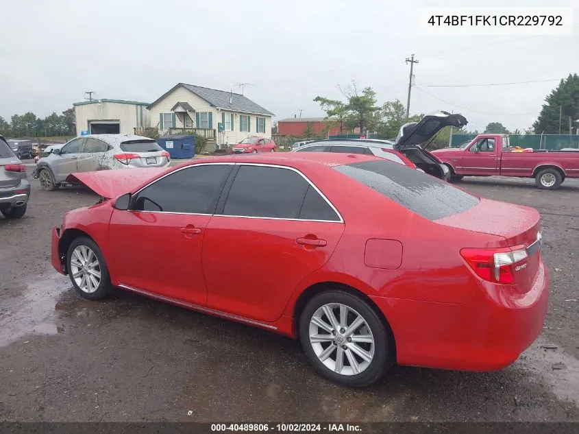 2012 Toyota Camry Xle VIN: 4T4BF1FK1CR229792 Lot: 40489806