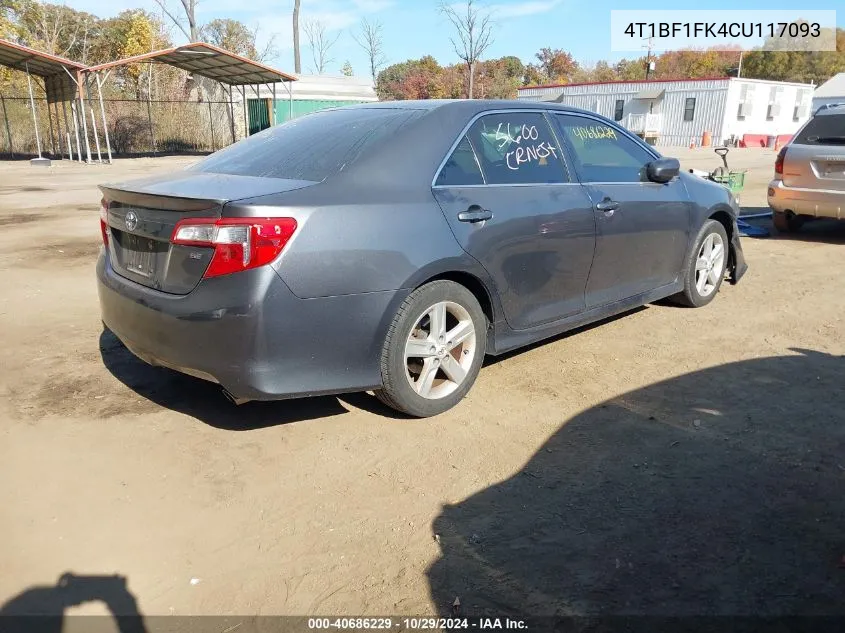 2012 Toyota Camry Se VIN: 4T1BF1FK4CU117093 Lot: 40686229