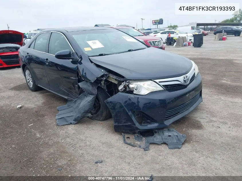 4T4BF1FK3CR193393 2012 Toyota Camry Le