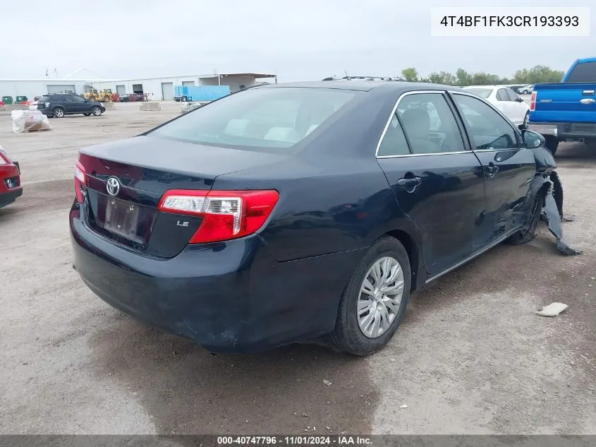 4T4BF1FK3CR193393 2012 Toyota Camry Le