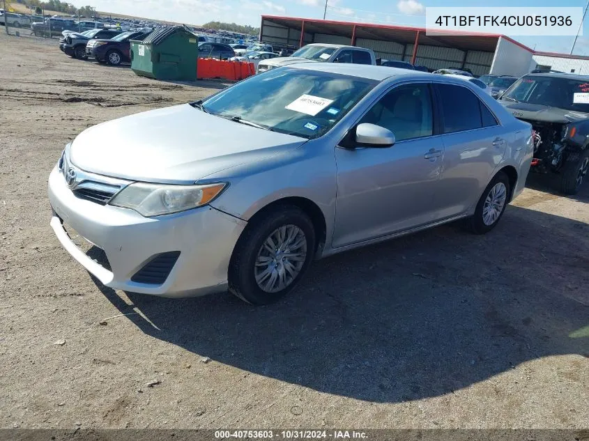 2012 Toyota Camry Le VIN: 4T1BF1FK4CU051936 Lot: 40753603