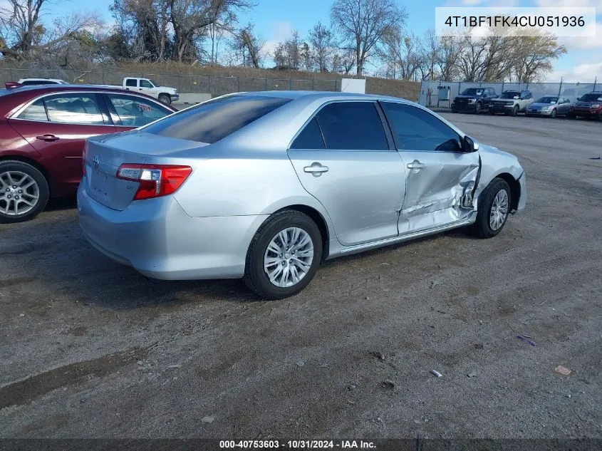 2012 Toyota Camry Le VIN: 4T1BF1FK4CU051936 Lot: 40753603