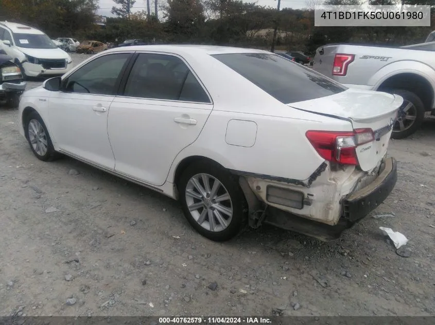 2012 Toyota Camry Hybrid Xle VIN: 4T1BD1FK5CU061980 Lot: 40762579