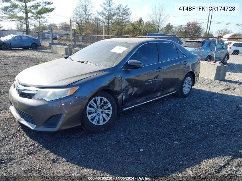 2012 Toyota Camry Le VIN: 4T4BF1FK1CR174728 Lot: 40785220