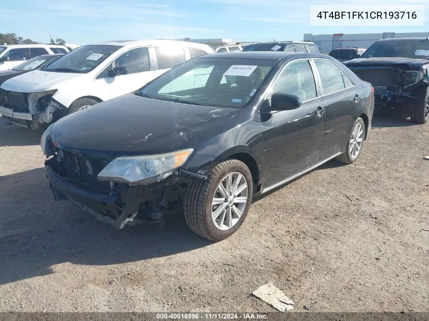 2012 Toyota Camry Xle VIN: 4T4BF1FK1CR193716 Lot: 40816996