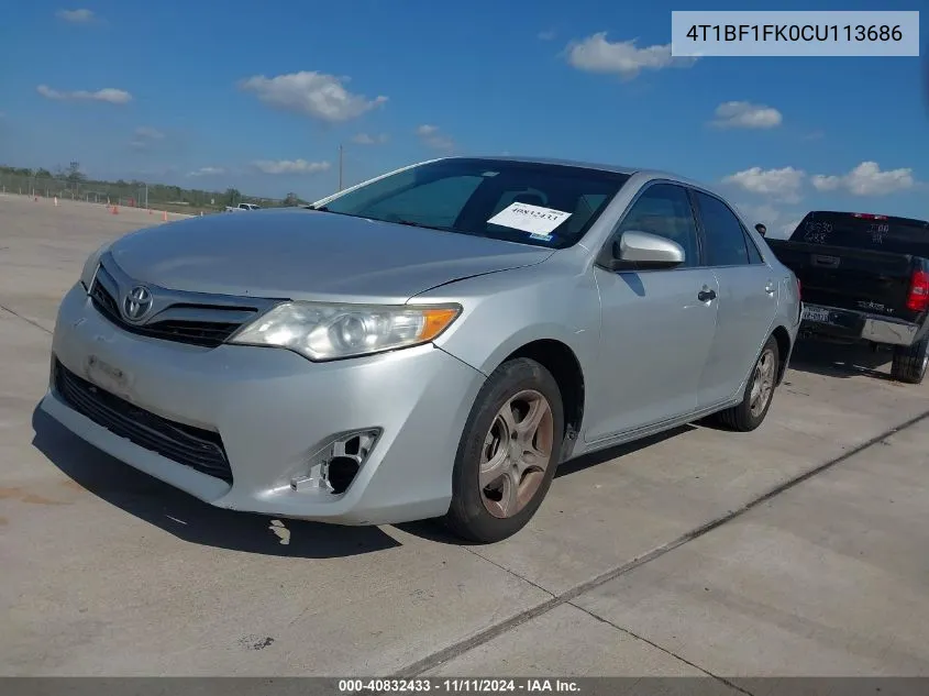 2012 Toyota Camry Le VIN: 4T1BF1FK0CU113686 Lot: 40832433