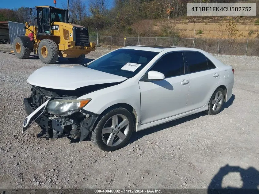 2012 Toyota Camry Se VIN: 4T1BF1FK4CU502752 Lot: 40840092