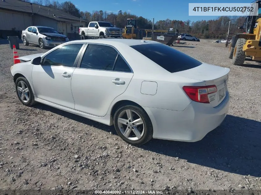 2012 Toyota Camry Se VIN: 4T1BF1FK4CU502752 Lot: 40840092