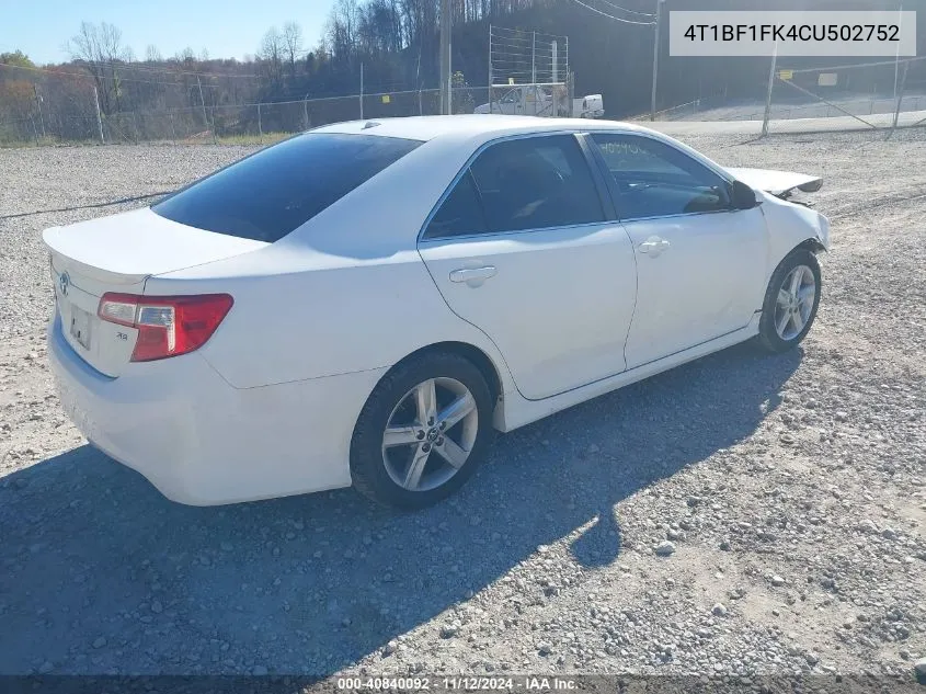 2012 Toyota Camry Se VIN: 4T1BF1FK4CU502752 Lot: 40840092