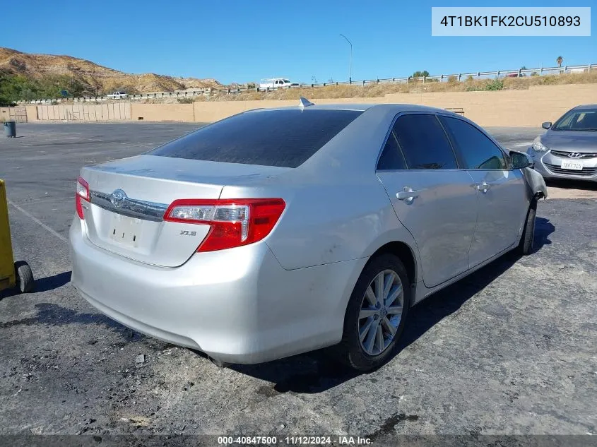 2012 Toyota Camry Xle V6 VIN: 4T1BK1FK2CU510893 Lot: 40847500