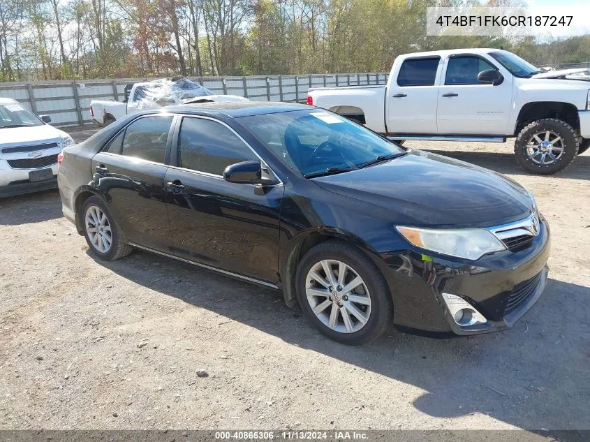 2012 Toyota Camry Xle VIN: 4T4BF1FK6CR187247 Lot: 40865306