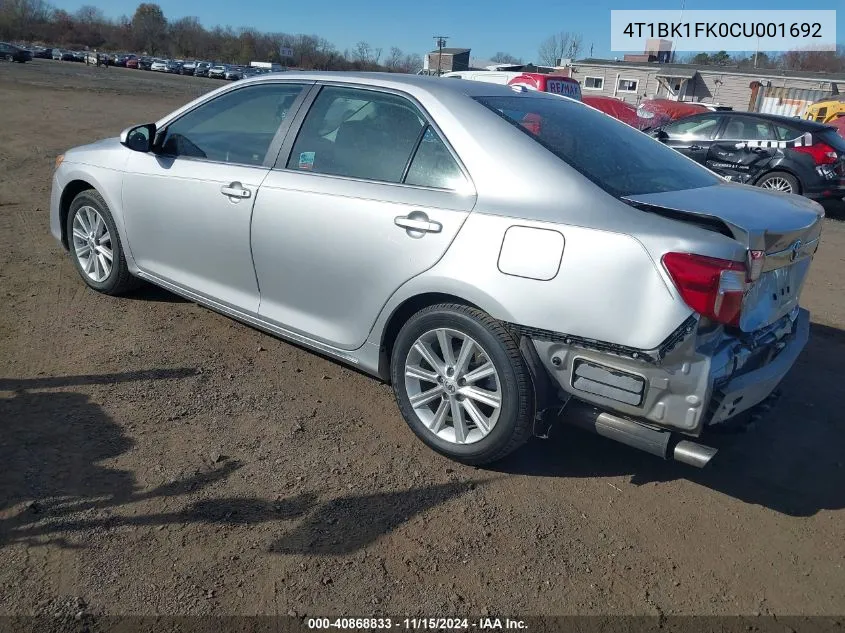 2012 Toyota Camry Xle V6 VIN: 4T1BK1FK0CU001692 Lot: 40868833