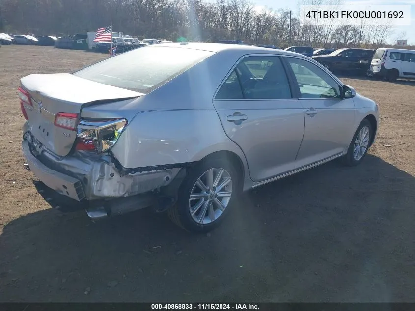 2012 Toyota Camry Xle V6 VIN: 4T1BK1FK0CU001692 Lot: 40868833