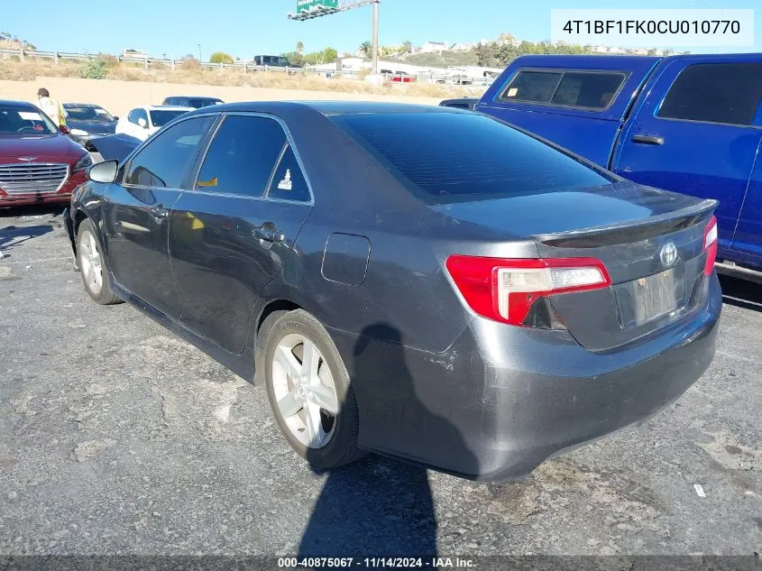 2012 Toyota Camry Se VIN: 4T1BF1FK0CU010770 Lot: 40875067