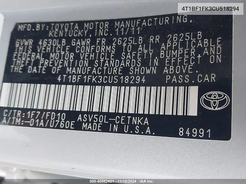 4T1BF1FK3CU518294 2012 Toyota Camry Le