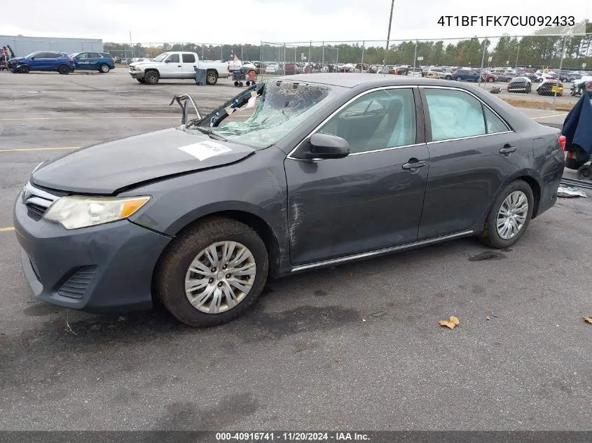 2012 Toyota Camry Le VIN: 4T1BF1FK7CU092433 Lot: 40916741