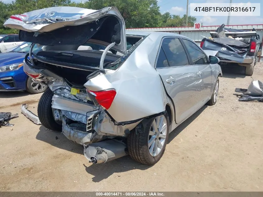 2013 Toyota Camry Xle VIN: 4T4BF1FK0DR316617 Lot: 40014471