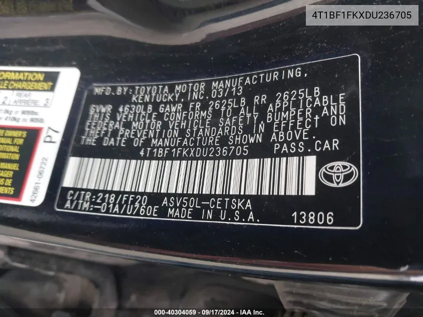 4T1BF1FKXDU236705 2013 Toyota Camry Se