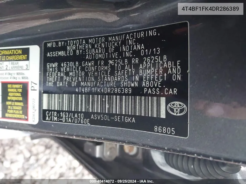 4T4BF1FK4DR286389 2013 Toyota Camry Xle