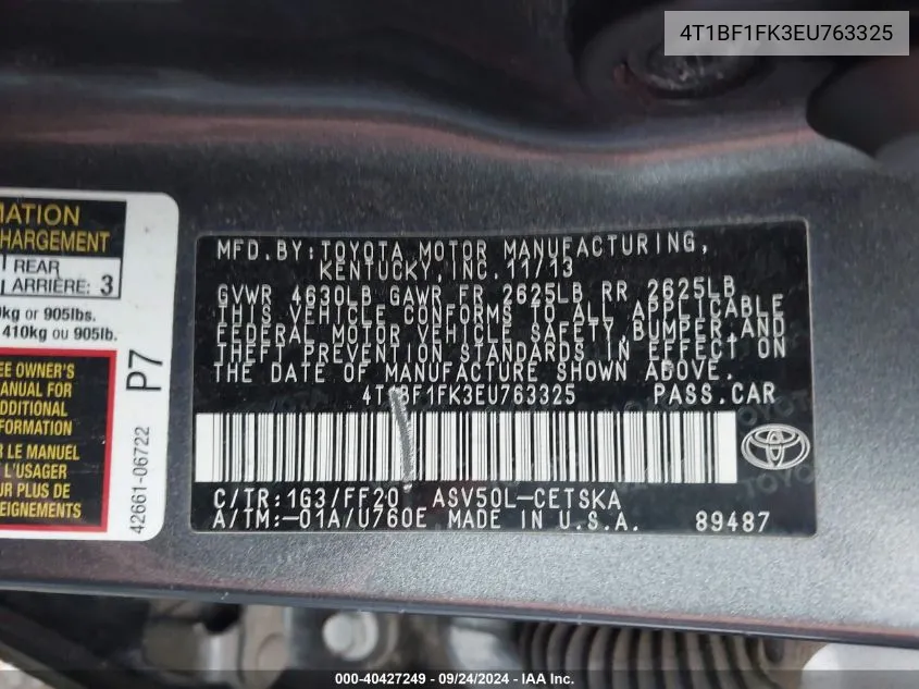 4T1BF1FK3EU763325 2014 Toyota Camry Se