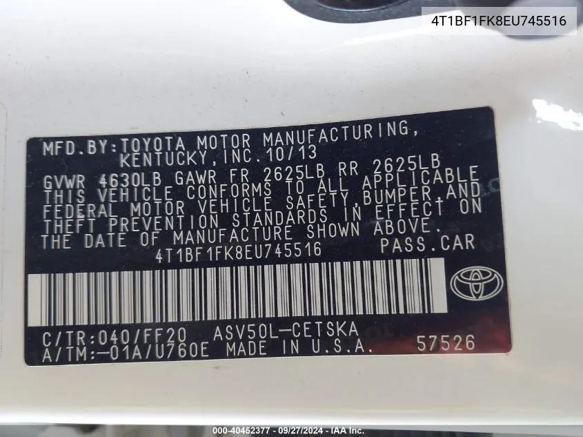 2014 Toyota Camry Se VIN: 4T1BF1FK8EU745516 Lot: 40452377