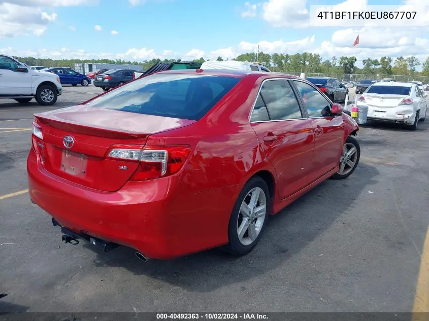 2014 Toyota Camry Se VIN: 4T1BF1FK0EU867707 Lot: 40492363