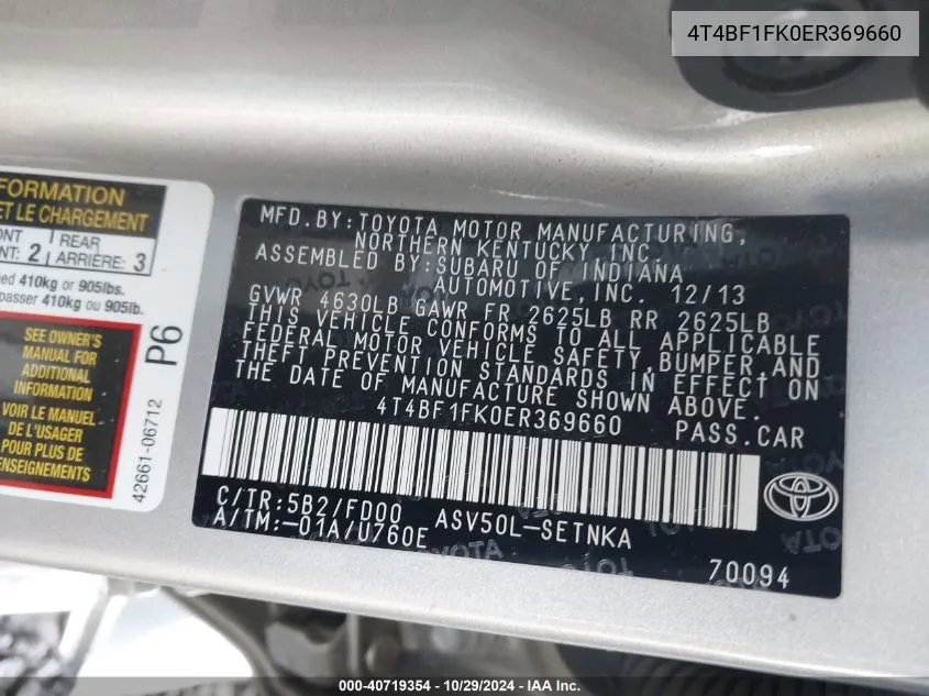 4T4BF1FK0ER369660 2014 Toyota Camry Le