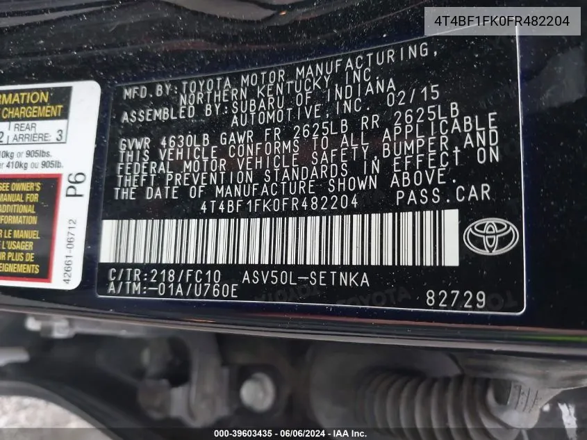 4T4BF1FK0FR482204 2015 Toyota Camry Le