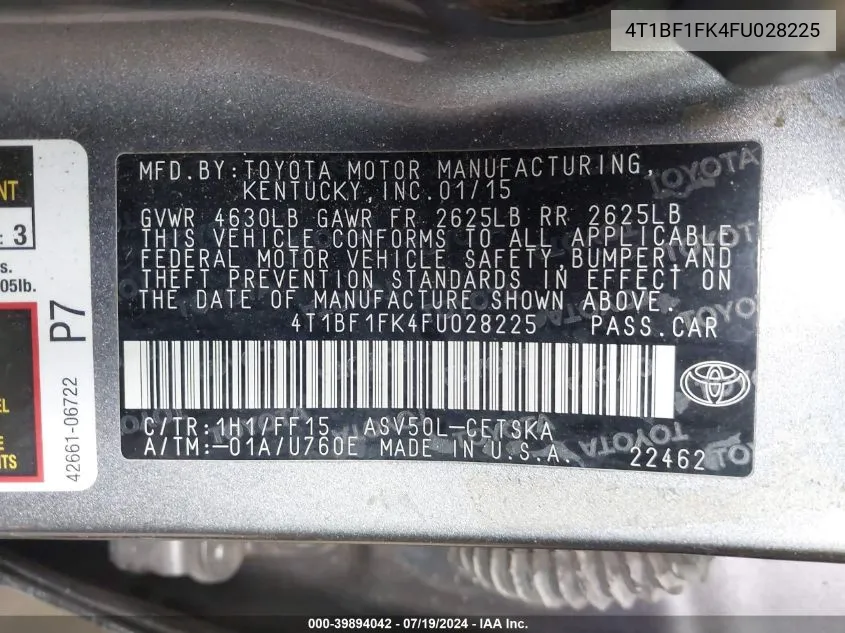 4T1BF1FK4FU028225 2015 Toyota Camry Se