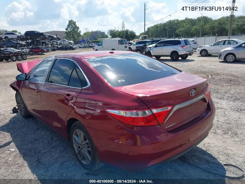 2015 Toyota Camry Se VIN: 4T1BF1FK3FU914942 Lot: 40106500