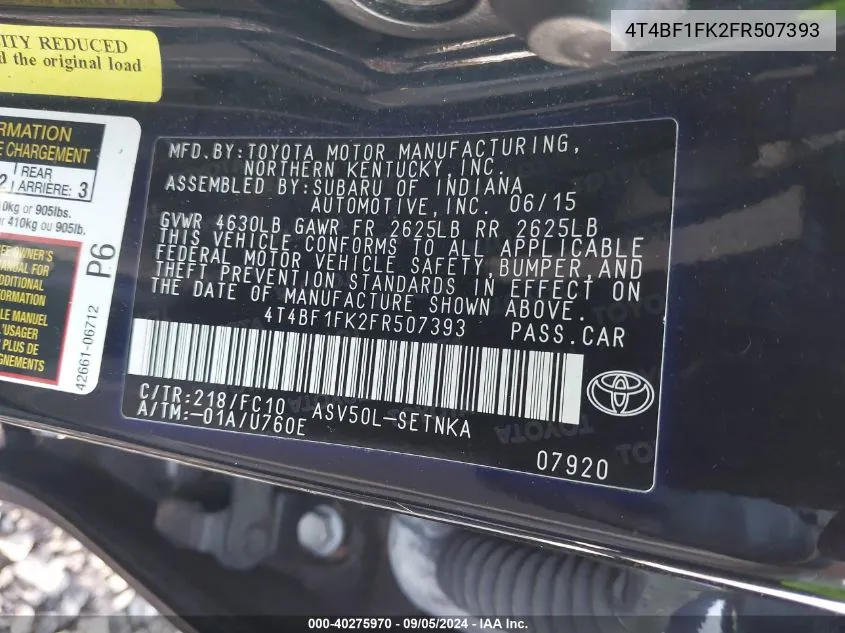 4T4BF1FK2FR507393 2015 Toyota Camry Le