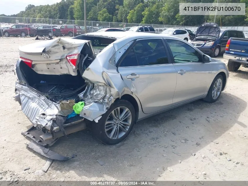 2015 Toyota Camry Se VIN: 4T1BF1FK2FU100670 Lot: 40278707